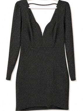 Express Black Metallic Deep Plunge Bodycon Mini Dress Long Sleeve Medium